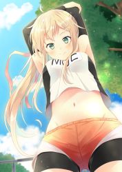 Rule 34 | 1girl, ahoge, armpits, arms behind head, arms up, bad id, bad pixiv id, blonde hair, blue sky, blush, breasts, carrot hair ornament, closed mouth, cloud, cloudy sky, cowboy shot, crop top, crop top overhang, day, food-themed hair ornament, from below, green eyes, hair ornament, hairclip, highres, hip focus, long hair, looking at viewer, medium breasts, midriff, moe2017, navel, original, outdoors, ponytail, shorts, sidelocks, sky, smile, solo, sportswear, stretching, thighs, tree, x hair ornament, yukichi (eikichi)