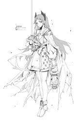 Rule 34 | 1girl, absurdres, ammunition belt, anklet, areaaaron, arknights, cape, character name, earrings, english text, gloves, greyscale, gun, handgun, head wings, highres, irene (arknights), jewelry, lantern, long hair, looking at viewer, monochrome, rapier, revolver, scar, scar across eye, scar on face, simple background, solo, sword, weapon, white background, wings