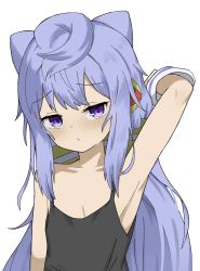 Rule 34 | 1boy, arm behind head, arm up, armpits, artist request, blue hair, blush, hacka doll, hacka doll 3, highres, long hair, looking at viewer, male focus, purple eyes, solo, trap, white background