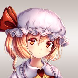 Rule 34 | 1girl, ascot, bad id, bad pixiv id, blonde hair, bow, chiyu (kumataro0x0), closed mouth, commentary request, flandre scarlet, frilled shirt collar, frills, hair between eyes, hat, hat bow, long hair, looking at viewer, mob cap, one side up, portrait, red bow, red eyes, red vest, shirt, solo, touhou, two-tone background, vest, white hat, white shirt, wing collar, yellow ascot