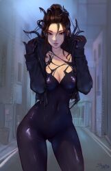 Rule 34 | 1girl, artist name, black bodysuit, black jacket, bodysuit, breasts, brown eyes, brown hair, commission, contrapposto, covered navel, cowboy shot, demon, hands up, jacket, large breasts, long hair, looking at viewer, open clothes, open jacket, original, outdoors, ponytail, possessed, scar, scar on face, scar on neck, sleepingsol, solo, standing, symbiote, tentacles