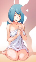 Rule 34 | 1girl, 2boys, :d, aqua hair, barefoot, blush, breasts, closed eyes, collarbone, commentary request, creatures (company), ero kaeru, eyelashes, game freak, hair ornament, hairclip, hetero, highres, lana&#039;s mother (pokemon), long hair, mature female, medium breasts, multiple boys, naked towel, nintendo, open mouth, own hands together, pokemon, pokemon (anime), pokemon sm (anime), ponytail, raised eyebrows, silhouette, sitting, smile, steepled fingers, toes, tongue, towel