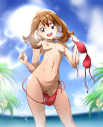 Rule 34 | 1girl, absurdres, bikini, bikini top only, blush, breasts, brown hair, cleft of venus, collarbone, creatures (company), day, female focus, game freak, gluteal fold, hair between eyes, highres, holding, holding bikini, holding bikini top, looking at viewer, may (pokemon), navel, nintendo, nipples, open mouth, outdoors, plant, pokemon, pokemon rse, pussy, red bikini, sky, small breasts, solo, standing, sun, swimsuit, tree, uncensored, untied bikini, yang meiling