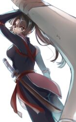 Rule 34 | 1girl, armor, black bodysuit, bodysuit, boomerang, brown eyes, brown hair, closed mouth, highres, inuyasha, kayo1102, long hair, looking at viewer, looking back, sango (inuyasha), sheath, sheathed, shoulder armor, smile, solo, sword, weapon, white background