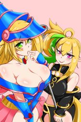 Rule 34 | 2girls, ahoge, alternate breast size, amausagi set, bare shoulders, black dress, black gloves, blonde hair, blush stickers, breasts, choker, cleavage, dark magician girl, dress, duel monster, eyes visible through hair, gauntlets, gloves, green eyes, green hair, hat, highres, large breasts, looking at viewer, multicolored hair, multiple girls, purple eyes, sevens road witch, side ponytail, two-tone hair, wizard hat, yu-gi-oh!, yu-gi-oh! sevens