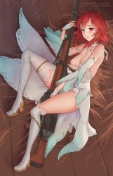 Rule 34 | 10s, 1girl, anti-materiel rifle, bare shoulders, blush, boots, breasts, detached collar, detached sleeves, dress, eliskalti, gun, hair ribbon, highres, izetta, lying, medium breasts, nipples, on side, one breast out, parted lips, red eyes, red hair, ribbon, rifle, short hair, shuumatsu no izetta, sniper rifle, solo, tears, thigh boots, thighhighs, tress ribbon, weapon, white dress, white footwear, white thighhighs, wrist cuffs, yellow ribbon