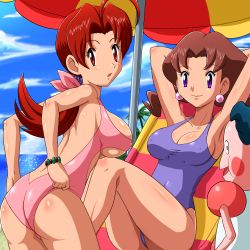 Rule 34 | 2girls, adjusting clothes, adjusting swimsuit, ahoge, alternate color, armpits, arms behind head, arms up, ass, back, beach, bikini, blush, bow, bracelet, breasts, brown hair, caroline (pokemon), chair, cleavage, cloud, collarbone, covered erect nipples, creatures (company), delia ketchum, earrings, game freak, gen 1 pokemon, hair bow, hair ornament, hair ribbon, hip focus, jewelry, large breasts, legs, lounge chair, lowres, mature female, mr. mime, multiple girls, navel, nintendo, nipples, one-piece swimsuit, open mouth, outdoors, panties, pokemoa, pokemon, pokemon (anime), pokemon (creature), ponytail, purple eyes, red eyes, red hair, ribbon, sand, shiny skin, short hair, short twintails, sideboob, sitting, sky, smile, swimsuit, thong, twintails, umbrella, underboob, underwear, water, wristband