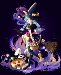 Rule 34 | 1girl, annie (skullgirls), basket, belt pouch, black background, boots, bow, braid, broom, dotcube, eyepatch, frilled skirt, frills, from behind, green hair, halloween, halloween costume, hat, highres, jack-o&#039;-lantern, looking at viewer, looking back, open mouth, pouch, sagan (skullgirls), skirt, skull, skullgirls, smile, solo, thigh boots, thighhighs, twin braids, witch hat, yellow eyes