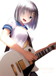 Rule 34 | 10s, 1girl, akabane rin, between breasts, blue eyes, breasts, character name, electric guitar, female focus, gibson les paul, guitar, hair ornament, hair over one eye, hairclip, hamakaze (kancolle), highres, instrument, kantai collection, large breasts, looking at viewer, looking down, open mouth, pantyhose, school uniform, serafuku, short hair, silver hair, simple background, skirt, solo, strap between breasts, white background