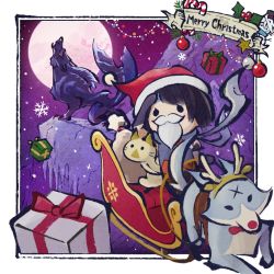 Rule 34 | 1girl, candy, candy cane, canyne, capcom, christmas, christmas lights, english text, felyne, food, gift, hat, kamura (armor), lunagaron, merry christmas, monster hunter (series), moon, official art, ornaments, canyne, palico, santa hat, sleigh, snowflakes, snowflakes background, tongue, tongue out, yellow eyes