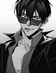 Rule 34 | 1boy, cigarette, collared shirt, facial hair, greyscale, jacket, just punisher, looking at viewer, male focus, monochrome, mouth hold, nicholas d. wolfwood, open mouth, partially unbuttoned, shirt, short hair, smile, solo, sunglasses, trigun, trigun stampede
