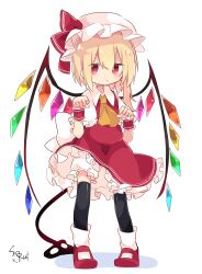 Rule 34 | 1girl, absurdres, ascot, black thighhighs, blonde hair, bloomers, bow, crystal, dress, embodiment of scarlet devil, flandre scarlet, hat, highres, jitome, laevatein (touhou), large bow, looking at viewer, mary janes, mob cap, paw pose, petticoat, puffy short sleeves, puffy sleeves, red dress, red eyes, red footwear, shoes, short hair, short sleeves, side ponytail, solo, soru (remonntteumai), thighhighs, touhou, underwear, white bloomers, white hat, wings, wrist cuffs, yellow ascot