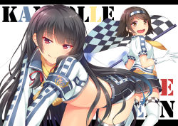 Rule 34 | 2girls, :d, :q, absurdres, black hair, brown eyes, brown hair, checkered flag, flag, gloves, hairband, highres, horosuke, isokaze (kancolle), kantai collection, licking lips, long hair, multiple girls, open mouth, race queen, red eyes, short hair, simple background, skirt, smile, tanikaze (kancolle), thighhighs, tongue, tongue out, white background