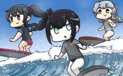 Rule 34 | 3girls, abyssal ship, alternate costume, ancient destroyer oni, black hair, blue eyes, colored skin, commentary request, dated, day, drill hair, hamu koutarou, highres, kantai collection, long hair, multiple girls, ocean, parted lips, ponytail, purple eyes, red eyes, silver hair, smile, surfboard, surfing, waves, white skin, yahagi (kancolle), yamagumo (kancolle)