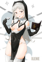 Rule 34 | 1girl, :p, absurdres, arknights, black dress, black gloves, black veil, book, breastless clothes, breasts, butt plug, chain, character name, covered navel, cowboy shot, dress, elbow gloves, gloves, grey background, grey eyes, grey hair, groin, habit, highres, holding, holding book, irene (arknights), long hair, looking at viewer, medium breasts, nun, open book, pelvic curtain, red pupils, revealing clothes, sex toy, shin maboroshi, simple background, solo, thighhighs, tongue, tongue out, typo, veil, white thighhighs