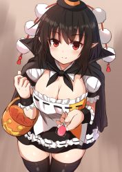 Rule 34 | 1girl, alternate headwear, basket, black cape, black hair, black hat, black skirt, black thighhighs, blush, breasts, candy, cape, cleavage, commentary request, cowboy shot, food, frills, grey background, halloween, hand up, hat, high collar, highres, holding, holding food, large breasts, lollipop, mini hat, miniskirt, pointy ears, pom pom (clothes), puffy short sleeves, puffy sleeves, red eyes, ribbon trim, shameimaru aya, shirt, short hair, short sleeves, skirt, solo, standing, tassel, thighhighs, thighs, tksand, touhou, white shirt, witch hat, wrist cuffs, zettai ryouiki