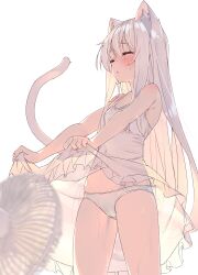 Rule 34 | 1girl, animal ear fluff, animal ears, bare shoulders, blush, breasts, cat ears, cat girl, cat tail, closed mouth, clothes lift, commentary request, covered navel, dress, dress lift, electric fan, hair between eyes, highres, lifting own clothes, long hair, no bra, open mouth, original, panties, petite, see-through, see-through dress, shiro youduki, simple background, small breasts, solo, standing, sweat, tail, underwear, very long hair, very sweaty, white background, white dress, white hair, white panties