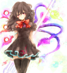 Rule 34 | 1girl, adapted costume, alternate hairstyle, arms behind back, asymmetrical wings, bad id, bad pixiv id, black hair, black thighhighs, bow, bowtie, female focus, gradient background, houjuu nue, lace, lace-trimmed legwear, lace trim, long hair, md5 mismatch, red eyes, red hair, solo, takahashi (te6-6ba), thighhighs, touhou, white background, wings, zettai ryouiki