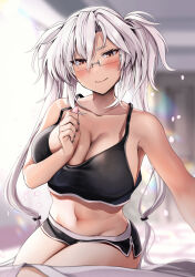 Rule 34 | 1girl, black nails, blurry, blurry background, blush, breasts, cleavage, closed mouth, collarbone, fingernails, glasses, grey hair, groin, hair between eyes, highres, kantai collection, large breasts, long hair, musashi (kancolle), musashi kai ni (kancolle), nail polish, navel, petals, rectangular eyewear, red eyes, semi-rimless eyewear, smile, solo, two side up, yunamaro