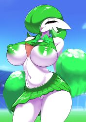 Rule 34 | absurdres, ashraely, bow, bowtie, breasts, candy, cleft of venus, colored skin, creatures (company), food, game freak, gardevoir, gen 3 pokemon, green hair, green skirt, highres, huge breasts, lollipop, multicolored skin, nintendo, nipples, pokemon, pokemon (creature), red eyes, skirt, thighs, uncensored