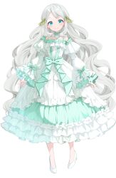 Rule 34 | 1girl, aqua bow, aqua collar, aqua dress, arms at sides, blue eyes, bow, closed mouth, collar, dress, dress bow, frilled collar, frilled dress, frilled sleeves, frills, full body, grey hair, hair ornament, high heels, highres, layered sleeves, light blush, long dress, long hair, long sleeves, looking at viewer, off-shoulder dress, off shoulder, official art, original, princess, puffy long sleeves, puffy sleeves, sakuma shiki, short over long sleeves, short sleeves, simple background, sleeves past wrists, smile, solo, standing, swept bangs, tachi-e, two-tone dress, very long hair, waist bow, white background, white dress, white footwear