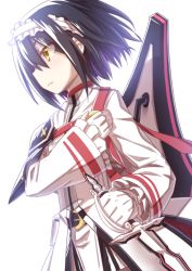 Rule 34 | 1girl, alice (mary skelter), alternate costume, black hair, blush, from side, hair ornament, mary skelter, mizunashi (second run), short hair, solo, white background, yellow eyes