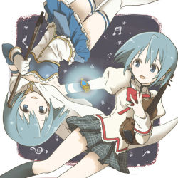 Rule 34 | 10s, blue hair, dual persona, gecco knight, gloves, instrument, magical girl, mahou shoujo madoka magica, mahou shoujo madoka magica (anime), miki sayaka, musical note, school uniform, short hair, smile, soul gem, thighhighs, violin, white gloves, white thighhighs