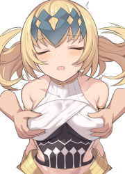 Rule 34 | 1girl, armlet, blonde hair, blush, bracer, grabbing another&#039;s breast, breasts, closed eyes, diadem, fate/grand order, fate (series), grabbing, halterneck, jewelry, large breasts, medium hair, neck ring, open mouth, pollux (fate), shiseki hirame, solo focus