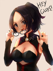Rule 34 | 1girl, absurdres, black-framed eyewear, black dress, black eyes, black hair, black sleeves, breasts, bridal gauntlets, chii (chicritro), china dress, chinese clothes, cleavage, cleavage cutout, clothing cutout, daikou-chan, dated, detached sleeves, dress, eyelashes, fang, glasses, hands up, hey guys, high ponytail, highres, huge filesize, indie virtual youtuber, kson, large breasts, long hair, looking at viewer, open mouth, parted bangs, removing eyewear, signature, skin fang, solo, tan background, texture, upper body, virtual youtuber