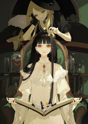 Rule 34 | 2girls, absurdres, black gloves, black hair, blonde hair, book, bug, butterfly, chair, chess piece, chongzhen 085, dress, earrings, gem, gloves, green eyes, hat, highres, insect, jewelry, light smile, lips, long hair, looking at another, multiple girls, necklace, original, parted lips, pearl necklace, red eyes, sitting