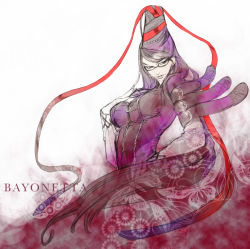 Rule 34 | 1girl, bayonetta, bayonetta (series), beehive hairdo, black bodysuit, black hair, bodysuit, breasts, chain, character name, glasses, hair ornament, hair ribbon, hair up, hand on own chest, large breasts, long hair, long sleeves, mole, mole under mouth, nanami (fuku), parted lips, red ribbon, ribbon, solo, swept bangs, upper body, white background