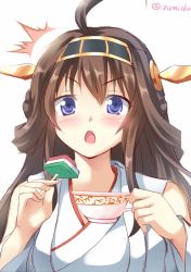Rule 34 | 10s, 1girl, ^^^, ahoge, blue eyes, brown hair, cup, detached sleeves, double bun, hair bun, hairband, hishimochi, izumi akane, japanese clothes, kantai collection, kongou (kancolle), long hair, nontraditional miko, simple background, solo, teacup, white background
