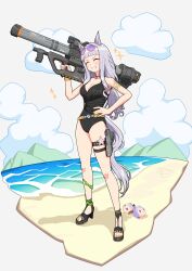 Rule 34 | 1girl, ^ ^, absurdres, animal ears, bare arms, bare shoulders, beach, black footwear, black one-piece swimsuit, breasts, brown-framed eyewear, brown nails, casual one-piece swimsuit, cleavage, closed eyes, cloud, eyewear on head, facing viewer, gold ship (run revolt launcher) (umamusume), gold ship (umamusume), grey background, grey hair, grin, halo (series), hand on own hip, high heels, highres, holding, horse ears, horse girl, horse tail, long hair, m41 spnkr, m6d, medium breasts, mejiro mcqueen (umamusume), mouhantain, nail polish, one-piece swimsuit, purple-tinted eyewear, sand, sandals, simple background, smile, solo, sparkle, swimsuit, tail, tinted eyewear, toenail polish, toenails, toes, umamusume, very long hair, water
