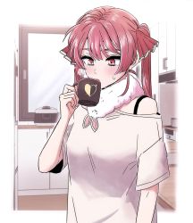 Rule 34 | 1girl, alternate costume, arrow through heart, blush, borrowed clothes, breasts, cabinet, casual, coffee cup, commentary, cup, disposable cup, don-chan (usada pekora), fur scarf, hair ribbon, heterochromia, highres, holding, holding cup, hololive, houshou marine, jangmaseason, kitchen, long hair, looking down, medium breasts, off-shoulder shirt, off shoulder, orange eyes, red eyes, red hair, red ribbon, ribbon, rice cooker, shirt, short sleeves, solo, steam, sweatdrop, twintails, upper body, virtual youtuber, white shirt, window