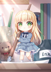 Rule 34 | 1girl, black bow, blonde hair, blush, bow, closed mouth, commentary request, day, dress, flying sweatdrops, frilled dress, frilled socks, frills, green eyes, grey dress, hair bow, highres, holding, holding pen, indoors, inkwell, kohinata hoshimi, long hair, long sleeves, mini person, minigirl, nib pen (object), original, pen, puffy long sleeves, puffy sleeves, socks, solo, stuffed animal, stuffed toy, sunlight, teddy bear, very long hair, white socks