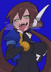 Rule 34 | 1girl, absurdres, aile (mega man zx), black bodysuit, blue jacket, blush, bodysuit, bodysuit under clothes, breasts, breath, brown hair, buzzlyears, commentary, covered erect nipples, cropped jacket, faux traditional media, finger to tongue, green eyes, highres, jacket, large breasts, long hair, mega man (series), mega man zx, mega man zx advent, open clothes, open jacket, ponytail, saliva, sharp teeth, solo, teeth, tongue, tongue out, upper body