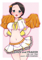 Rule 34 | 1girl, :d, absurdres, adapted costume, alternate costume, artist name, black eyes, black hair, blush, bow, breasts, character name, coco&#039;s, commentary request, copyright name, cowboy shot, cropped jacket, frilled skirt, frills, girls und panzer, hair bow, hamada kiyo, highres, holding, holding pom poms, itsumip, jacket, looking at viewer, low ponytail, medium breasts, medium hair, microskirt, navel, neckerchief, no shirt, open clothes, open jacket, open mouth, orange bow, outside border, partial commentary, pink background, pleated skirt, polka dot, polka dot background, pom pom (cheerleading), pom poms, puffy short sleeves, puffy sleeves, romaji text, sailor collar, short sleeves, signature, skirt, smile, solo, standing, sweatdrop, white jacket, white skirt, yellow neckerchief, yellow sailor collar
