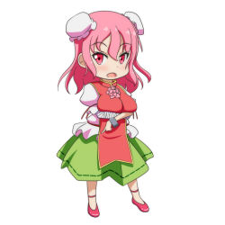 Rule 34 | 1girl, :o, bandaged arm, blush, breast lift, breast rest, breasts, bun cover, cato (monocatienus), chibi, chinese clothes, crossed arms, cuffs, double bun, flower, ibaraki kasen, large breasts, looking at viewer, open mouth, pink hair, puffy short sleeves, puffy sleeves, red eyes, rose, shackles, shoes, short hair, short sleeves, skirt, solo, tabard, touhou, tsurime