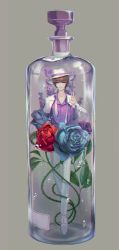 Rule 34 | 1boy, absurdres, air bubble, blue flower, bottle, bubble, flower, formal, grey background, hand up, hat, highres, huge filesize, hyacinth, in bottle, in container, long sleeves, male focus, matsuno ichimatsu, osomatsu-san, pants, purple eyes, purple flower, purple shirt, red flower, rose, s s zene, shirt, standing, suit, water, white footwear, white hat, white pants, white suit