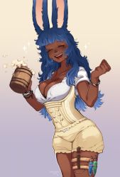 Rule 34 | 1girl, animal ears, blue hair, bracelet, bramblefix, breasts, cleavage, closed eyes, cup, dark-skinned female, dark skin, facing viewer, fictional persona, final fantasy, final fantasy xiv, gradient background, highres, jewelry, long hair, medium breasts, messy hair, mug, open mouth, plunging neckline, rabbit ears, solo, thigh strap, viera, warrior of light (ff14)