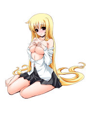 Rule 34 | 00s, 1girl, akawata, bare shoulders, barefoot, blonde hair, blush, breasts, colorized, covering privates, covering breasts, fate testarossa, frapowa, highres, long hair, looking at viewer, lyrical nanoha, mahou shoujo lyrical nanoha, mahou shoujo lyrical nanoha a&#039;s, mahou shoujo lyrical nanoha strikers, red eyes, sitting, skirt, solo, tears, undressing, very long hair, wata (akawata)