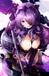 Rule 34 | 1girl, armor, axe, battle axe, breasts, camilla (fire emblem), cleavage, fire emblem, fire emblem fates, gloves, hair over one eye, heart, heart-shaped pupils, highres, holding, holding axe, holding weapon, large breasts, long hair, looking at viewer, nintendo, purple eyes, purple hair, purple theme, smile, solo, squchan, symbol-shaped pupils, thighhighs, weapon