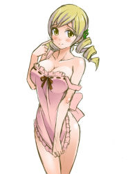Rule 34 | 10s, 1girl, apron, bare shoulders, blonde hair, blush, breasts, cleavage, drill hair, hair ornament, large breasts, looking at viewer, mahou shoujo madoka magica, mahou shoujo madoka magica (anime), naked apron, off shoulder, short hair, simple background, sketch, smile, solo, strap slip, tomoe mami, torigoe takumi, twin drills, twintails, white background, yellow eyes