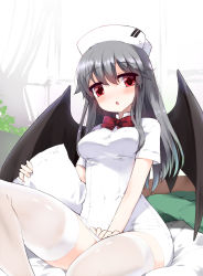Rule 34 | 1girl, bad id, bad pixiv id, bat wings, black hair, blush, character request, covered navel, hat, ktsecond, long hair, pillow, red eyes, short sleeves, solo, thighhighs, white thighhighs, wings, zettai ryouiki