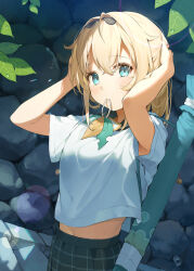 Rule 34 | 1girl, alternate costume, armpit peek, arms up, black skirt, blonde hair, blue eyes, blush, closed mouth, cowboy shot, day, hair tie in mouth, hana mori, hands in hair, hands on own head, hands up, hololive, kazama iroha, leaf, lens flare, long hair, looking at viewer, midriff, mouth hold, outdoors, plaid, plaid skirt, pleated skirt, shirt, short sleeves, skirt, solo, stone wall, virtual youtuber, wall, water drop, white shirt