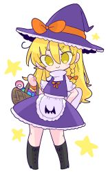 Rule 34 | 1girl, adapted costume, apron, black footwear, blonde hair, boots, bow, braid, buttons, dress, frilled dress, frills, hair bow, halloween costume, hat, hat bow, highres, kirisame marisa, long hair, op na yarou, orange bow, puffy sleeves, purple dress, purple hat, short sleeves, side braid, simple background, single braid, solo, touhou, waist apron, white background, witch hat, yellow eyes