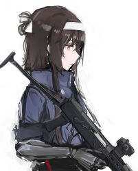 Rule 34 | 1girl, android, blue jacket, brown eyes, brown hair, closed mouth, expressionless, from side, girls&#039; frontline, gun, hair between eyes, hair ribbon, hairband, holding, holding gun, holding weapon, jacket, looking ahead, looking down, mechanical arms, rampart1028, ribbon, scope, short hair with long locks, sidelocks, simple background, single mechanical arm, solo, submachine gun, type 79 (girls&#039; frontline), type 79 smg, weapon, white background, white hairband, white ribbon