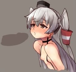 Rule 34 | 10s, 1girl, amatsukaze (kancolle), bad id, bad pixiv id, bare shoulders, black eyes, blush, breasts, choker, dakunesu, flat chest, grey hair, hair tubes, hairband, hat, invisible penis, kantai collection, leaning forward, long hair, open mouth, small breasts, suspenders, two side up