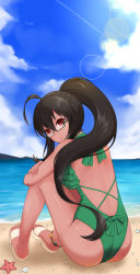 Rule 34 | 1girl, ahoge, anklet, ass, back, bad id, bad pixiv id, bare back, beach, borrowed character, brown hair, casual one-piece swimsuit, cloud, cyron tanryoku, dark skin, dark-skinned female, day, from behind, glasses, green one-piece swimsuit, highres, hoshi usagi, jewelry, lens flare, long hair, looking at viewer, looking back, ocean, one-piece swimsuit, original, outdoors, ponytail, red eyes, sandals, semi-rimless eyewear, sitting, sky, smile, solo, starfish, swimsuit, under-rim eyewear, very dark skin, water