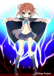 Rule 34 | 1girl, ahoge, androgynous, ange vierge, black cape, black socks, blue shorts, blush, breasts, brown hair, brown shorts, cape, closed mouth, electricity, furrowed brow, green eyes, groin, highres, kiyokawa saki, kneehighs, knife, loafers, looking at viewer, messy hair, nakamura sandayo, navel, open clothes, open shirt, outstretched arms, puffy shorts, serious, shoes, short shorts, shorts, small breasts, socks, solo, t-pose, throwing knife, unbuttoned, unbuttoned shirt, weapon